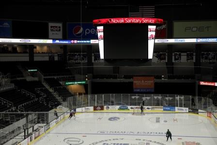 Photo of interior of Premier Center set up for hockey game.
