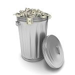 Image of trash can overflowing with cash.