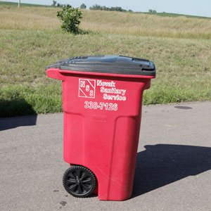 Image of red 48 gallon garbage cart from Novak Sanitary.
