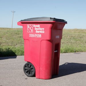 Image of red 95 gallon garbage cart from Novak Sanitary.