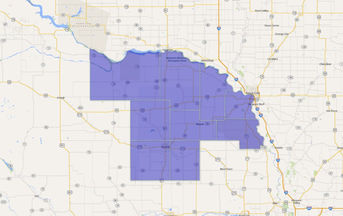 Image of areas served by Novak Sanitary Nebraska Document Shredding Services.