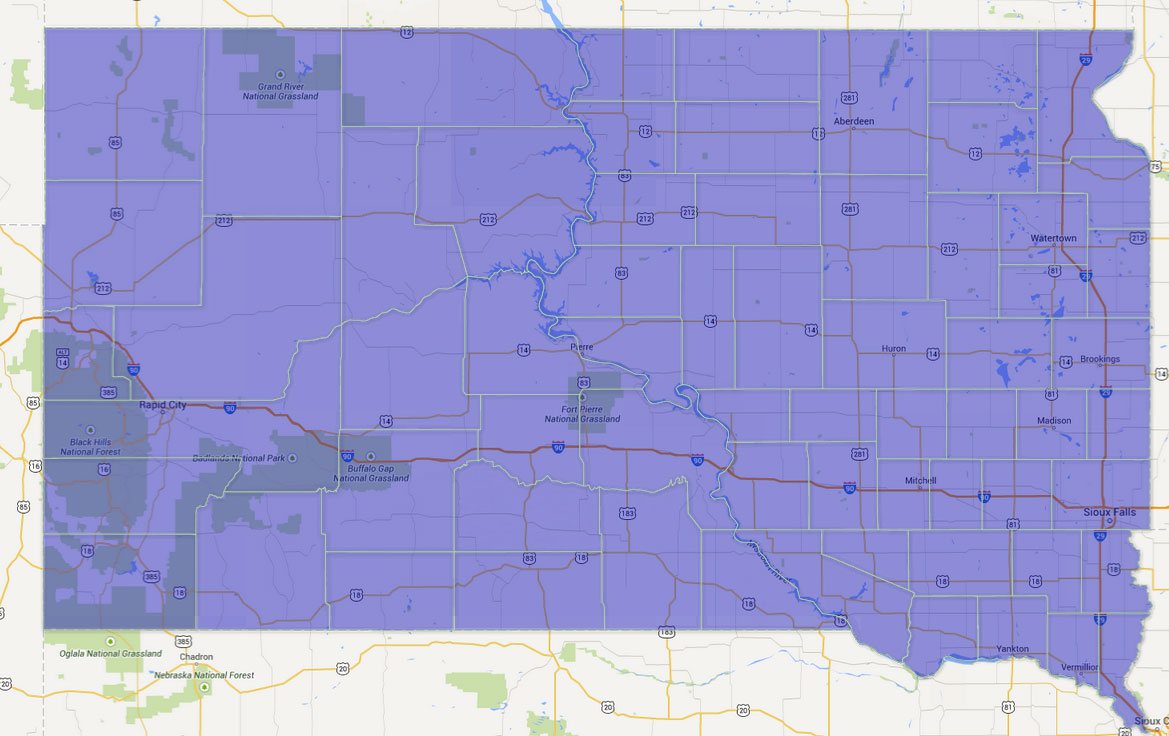 Image of areas served by Novak Sanitary South Dakota Paper Shredding Services.