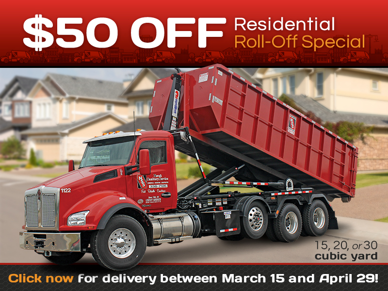 $50 off residential roll-off special graphic with image of residential roll-off truck.